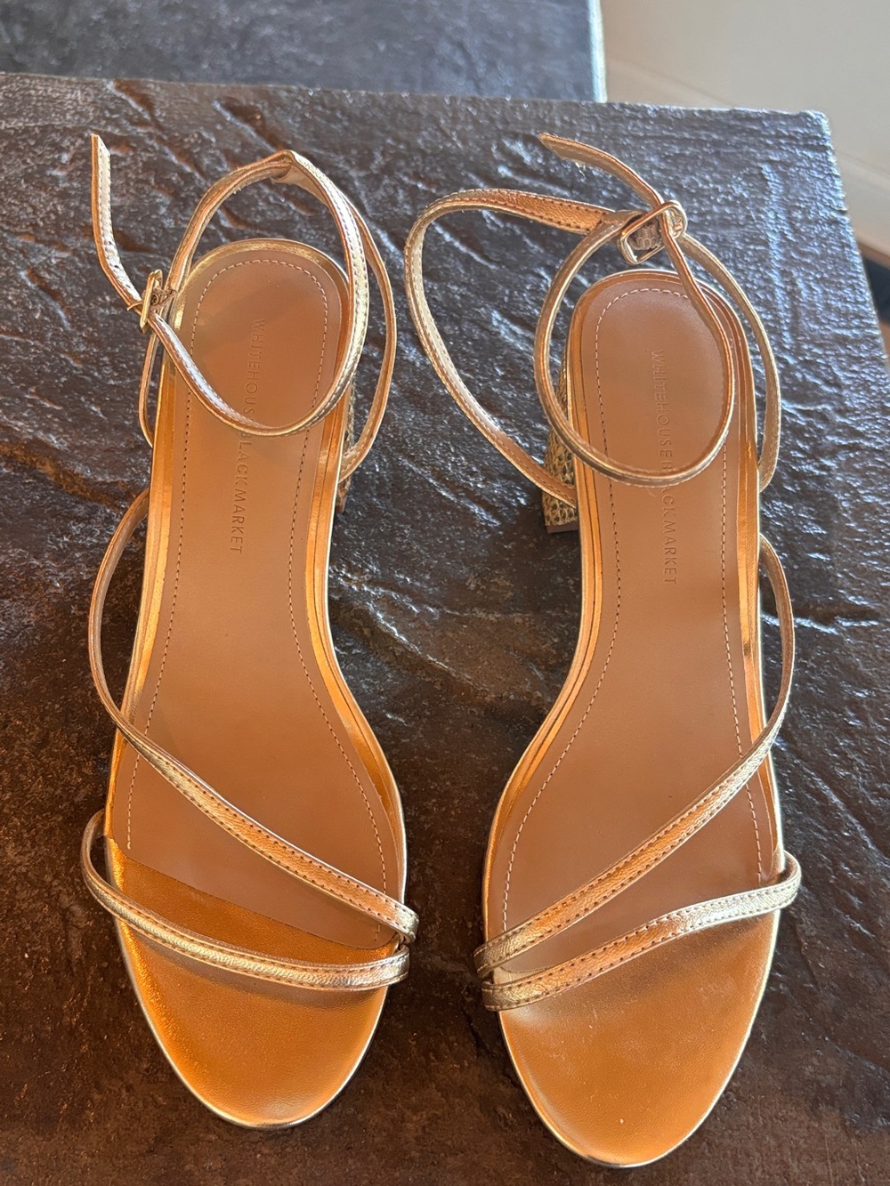 White House Black Market Metallic Gold Thin-Strap Ankle Tie Sandals